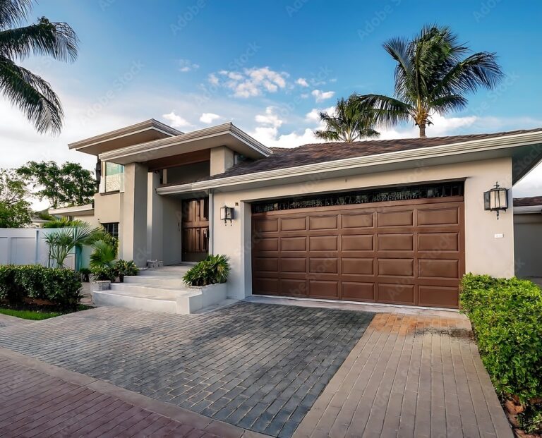 Modern suburban house with a brown double garage door, large front steps, palm trees, and a paved driveway under a partly cloudy sky.