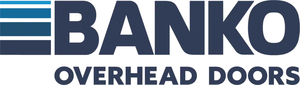Banko Overhead Doors logo with three horizontal blue bars on the left and bold text to the right.