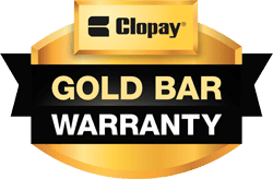 Clopay Gold Bar Warranty logo featuring a gold bar shape and black banner displaying the words “Gold Bar Warranty,” representing premium coverage and a trusted maintenance plan.