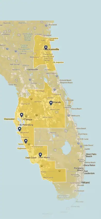 Map of Florida showing major cities including Jacksonville, Orlando, Tampa, St. Petersburg, Fort Myers, and Cape Coral, with highlighted areas around these cities.