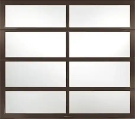 A brown-framed window with eight frosted glass panes arranged in two columns and four rows.