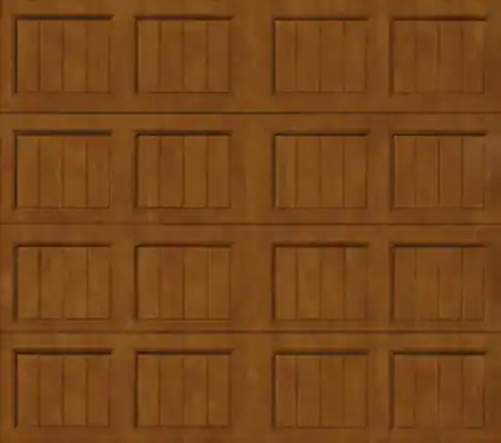 Brown wooden garage door with a rectangular grid pattern of recessed panels.