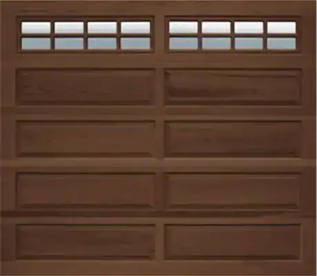 Brown garage door with rectangular raised panels and a row of small square windows at the top.