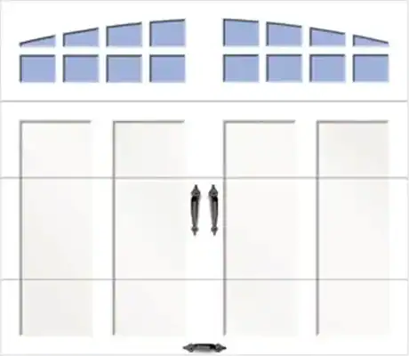 White garage door with four rectangular panels, black handles in the center, and a row of small rectangular windows at the top.