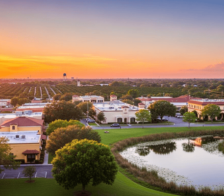 A small town with buildings, trees, and a pond at sunset; agricultural fields and a water tower are visible in the background.