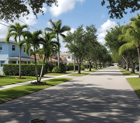 A quiet suburban street lined with palm trees and houses on a sunny day, with shadows of trees cast on the road and sidewalk.