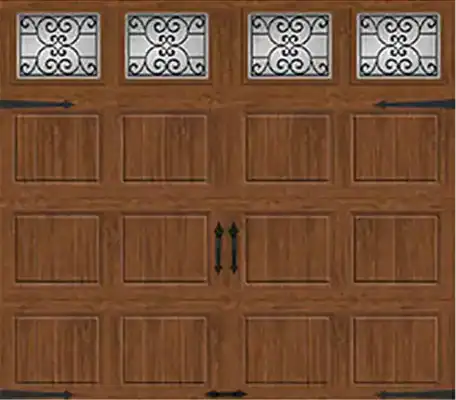 Wooden garage door with four rows of rectangular panels and five small windows at the top featuring decorative black wrought iron designs.