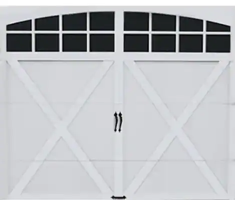 White double garage door with decorative black handles, crossbuck design, and rectangular windows along the top panel.