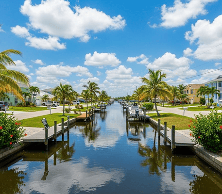 A narrow canal lined with palm trees, docks, and houses on both sides under a blue sky with scattered clouds.