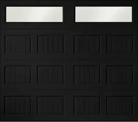 Black garage door with two rectangular windows at the top and a panel design with four rows and three columns.