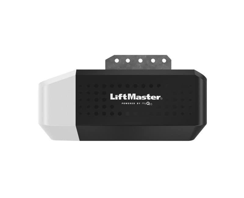 LiftMaster garage door opener unit, shown from the front, with a black and white casing and mounting bracket on top, brand name visible in the center.