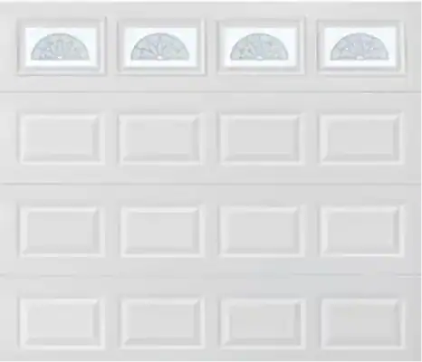 White garage door with four rectangular windows at the top, each featuring a semi-circular decorative design.