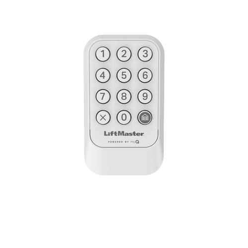 White LiftMaster wireless keypad with twelve round buttons, numbered 0-9 plus a home icon, used for garage door entry.