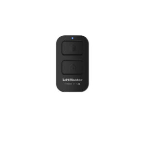 Black LiftMaster remote control with two rectangular buttons and a blue indicator light, labeled “LiftMaster Powered by myQ” at the bottom.