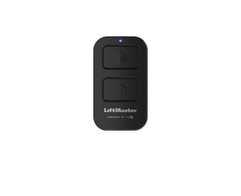 Black LiftMaster garage door remote control with two rectangular buttons and a small blue indicator light above the buttons, shown on a plain white background.