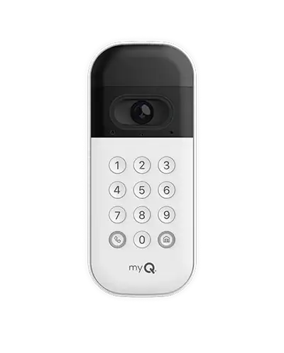 White and black smart keypad with a camera at the top, numeric buttons 0-9, star, and pound keys, and “myQ” logo at the bottom, against a plain background.