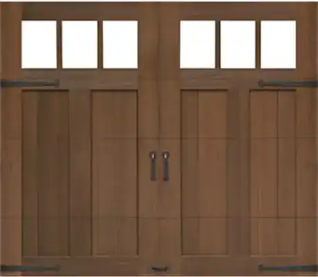 Double wooden garage doors with vertical panels, four square windows on each upper section, and black handles and hinges.