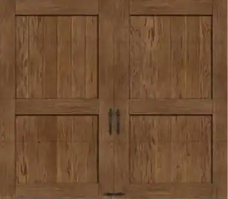 A pair of wooden double doors with vertical planks and two dark handles, featuring a rustic, natural wood finish.