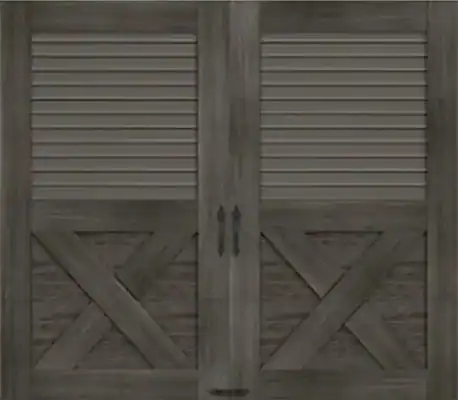 Dark wooden double barn doors with horizontal slats on the upper panels, diagonal cross beams on the lower panels, and black vertical handles in the center.