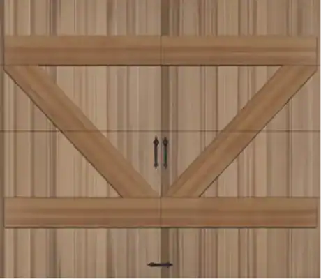 Wooden double doors with a distinct V-shaped support structure and two vertical handles in the center.
