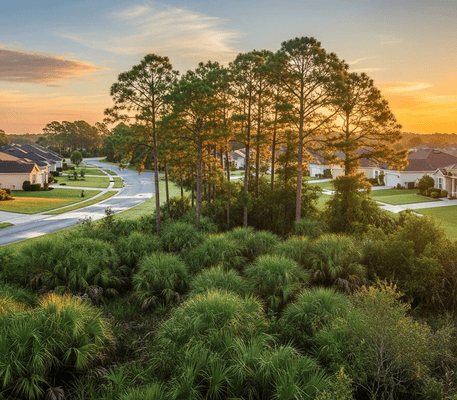 Suburban houses line a winding street at sunset, with tall pine trees and dense shrubs in the foreground.